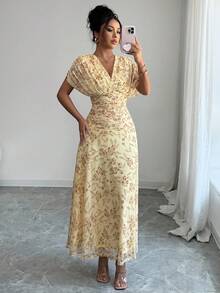 Elenzga Women's Elegant French Style Vacation Loose V-Neck Drop Shoulder Ruched A-Line Maxi Dress, Suitable For Beach, Afternoon Tea, Party - Yellow - View 4