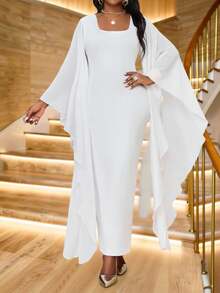 SHEIN Lady 大码女式纯色方领喇叭袖修身优雅连衣裙