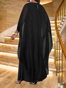 Fleurora 2025新款服装春夏秋冬大码针织圆领白色网纱拼接披肩修身收腰长款鱼尾大码连衣裙秋季女装婚礼宾客礼服女 - 黑色 - 查看 2