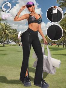 Innovista Women's Faux Leather Sports Flare Leggings,High Waist Tummy Control Sculpting Shapewear,Dry Fit Gym Workout Pants With Pocket,Edgy Activewear Bottom - Black - View 4