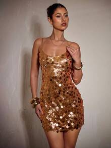 SHEIN BAE 女士香槟色亮片装饰细肩带迷你连衣裙，鸡尾酒会俱乐部服装，适合派对、正式活动、庆典、节日庆典、万圣节、圣诞节 - 香檳色 - 查看 4