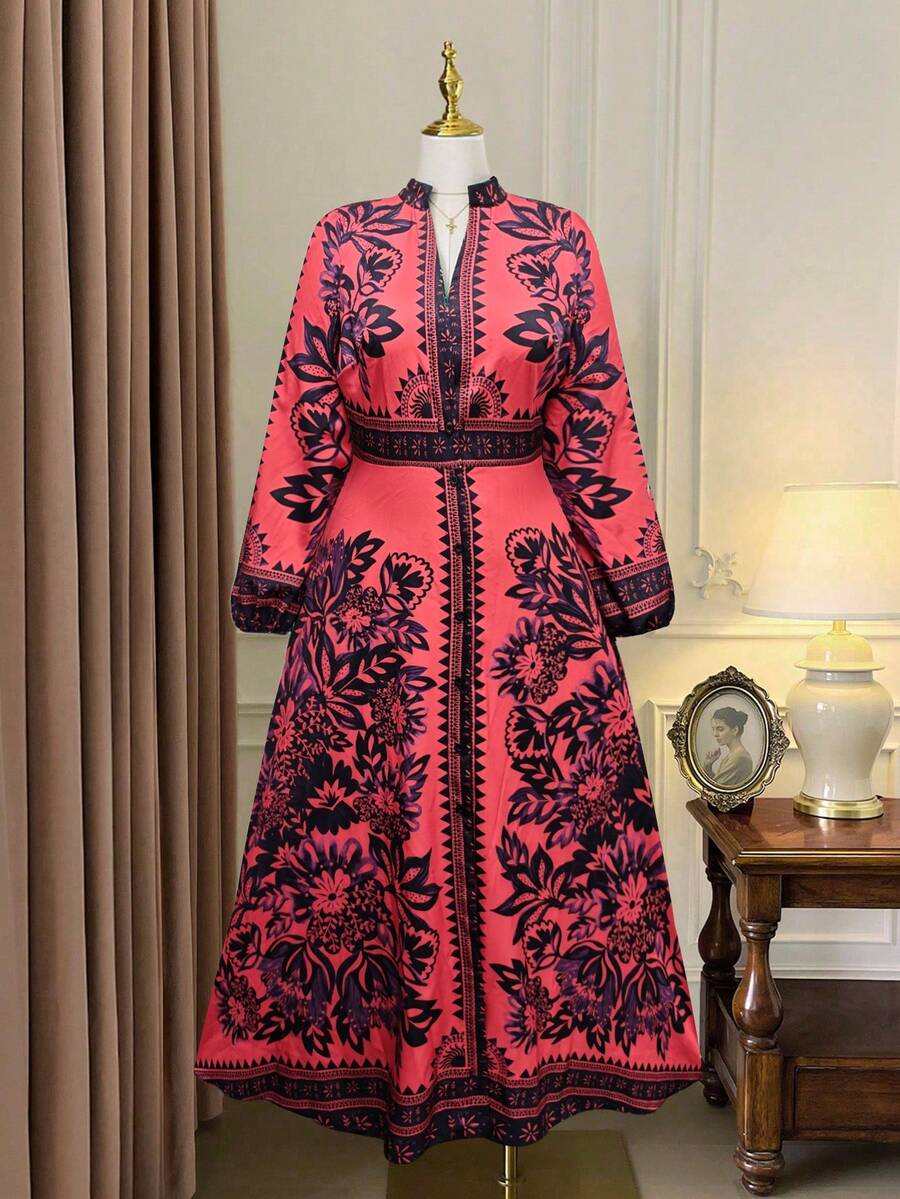 SHEIN Clasi 大码女式V领长袖碎花优雅连衣裙 - 酒紅色 - 查看 1