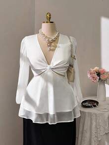 Flirla Plus Size V-Neck Exposed Waist Elegant Sweet Flowing Fashion Blouse - White - View 2