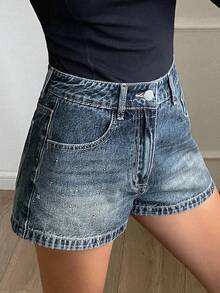 DAZY 女式水钻装饰修身休闲牛仔短裤 - 中等水洗藍 - 查看 3