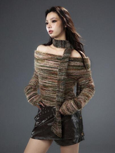  Bloopia 波西米亚风不对称拼色女装秋冬万圣节新款性感流苏围巾两件套混纺纱单肩翻领长袖套头针织上衣