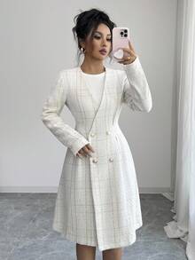 Rafferiza 女士优雅羊毛混纺格子大衣，V 领双排扣夹克，采用厚粗花呢面料 - 彩色 - 查看 4