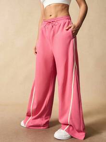VARSIVA Women's Regular Pink Drawstring Waist Wide Leg Pants - Multicolor - View 8