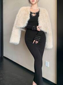 DAZY 优雅法式复古风珍珠镂空圆领修身中长款毛衣裙 - 黑色 - 查看 5