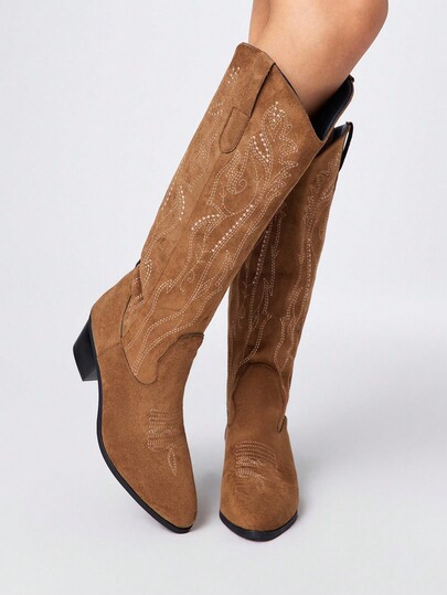 Kawaii Women's Brown Hollow Design Butterfly Wing Embroidered Western Boots, New Spring/Autumn Leather Over-The-Knee Boots