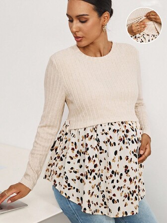 MaterniWear 办公室,商务休闲女装,秋装,孕妇装秋装孕妇装孕妇装圆领长袖拼布印花荷叶边下摆哺乳上衣孕妇上衣豹纹上衣孕妇装荷叶边上衣孕妇毛衣针织上衣针织孕妇上衣