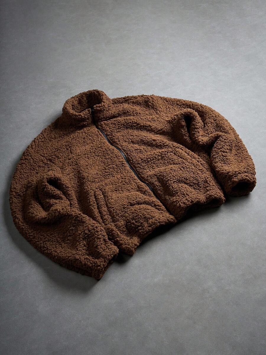 PAVTROS Giacca con chiusura lampo e fodera in sherpa, tinta unita, manica lunga, autunno/inverno, da uomo