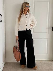 Easowa Veste décontractée ample et élégante pour femmes, avec col, boutons devant, poches, longueur courte, en tissu jacquard tweed pour l'automne/hiver - Nude - Voir 6