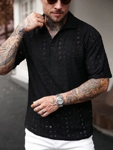 Manfinity Homme Men's Knitted Hollow Textured Black POLO Shirt Men Knitted Shirt - Black - View 4