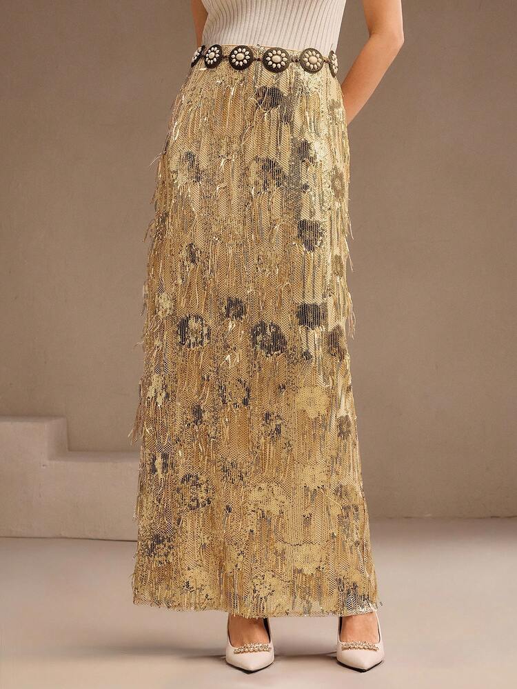 ANEWSTA High-End Fashion Sequin Fringe Decor Long Skirt For Women