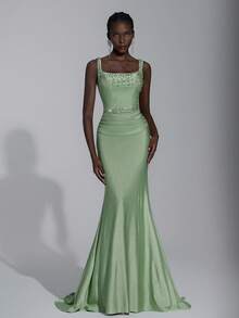 Elitara 优雅的橄榄绿色细肩带方领重饰褶饰腰部鱼尾连衣裙，适合约会、度假、毕业典礼、婚礼、正式活动 - 草綠色 - 查看 3