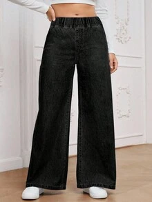 EMERY ROSE Plus Size Women's Casual Versatile Elastic Waist Baggy Jeans - Black - View 1