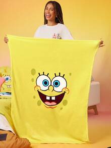 SpongeBob SquarePants | SHEIN 1pc Removable Pineapple Design Plush Throw Pillow & Blanket, Comfortable Flannel Material - Yellow - View 2