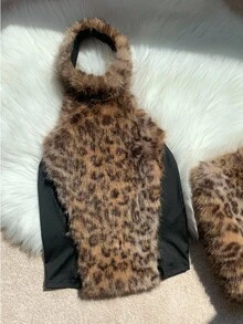 Comfortcana Women's Fashionable Sexy Leopard Print Backless Halter Top Fur Animal Print Clothes Cheetah Print Set Shrug Leopard Set - Multicolor - View 3