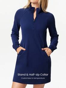 GLOWMODE French Terry Midi Dress Side Pockets Zip Casual Daily - Dark Blue - View 4