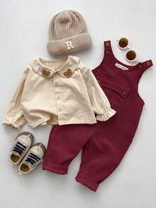 SHEIN Casual Sports Cute & Dropped Shoulder Loose Baggy Pocket Bib Overall Pants, Suitable For Baby Boys & Girls, Autumn/Winter - Burgundy - View 5