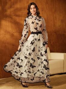 Anewsta Damset med fjärilsbroderad meshblus och kjol med lanternärmar - Aprikos - Visa 5