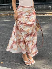 NegzBox 女士优雅百搭 A 字型中长裙，搭配圆点印花缎面长裙，女士服装 - 咖啡棕 - 查看 4