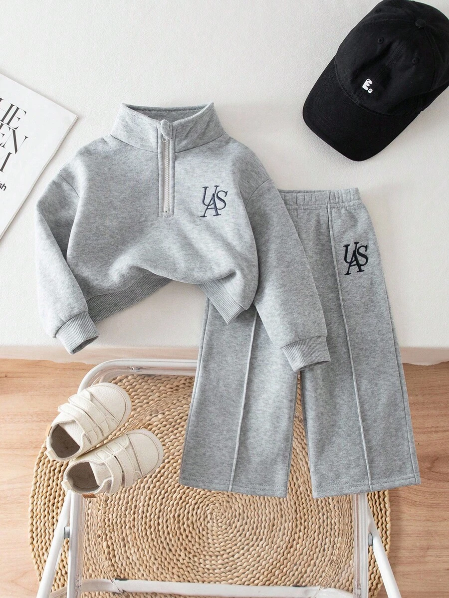 SHEIN 2 件套女婴羊毛衫和裤子套装，刺绣字母图案，适合秋冬季户外和室内穿着 - 淺灰色 - 查看 1