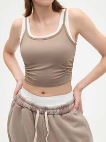 Eassivo Eassivo 撞色拼布褶饰短款运动背心 - 咖啡棕 - 查看 5