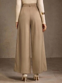 MOTF PREMIUM 女式卡其裤，独特设计，纽扣开合，高腰修身阔腿裤 - 卡其色 - 查看 2