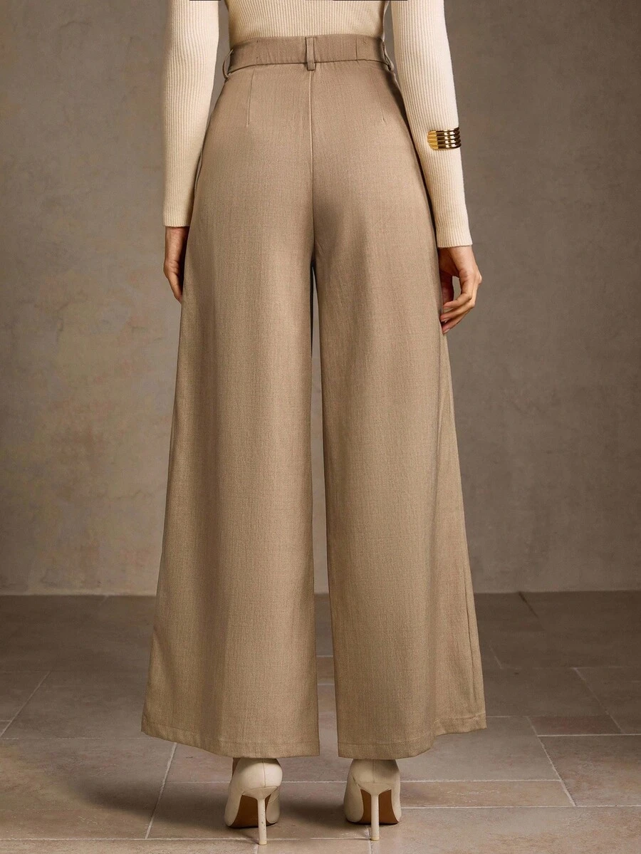 MOTF PREMIUM 女式卡其裤，独特设计，纽扣开合，高腰修身阔腿裤 - 卡其色 - 查看 2