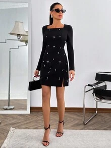 SHEIN Cottnline Women's Solid Long Sleeve Rhinestone Detailed Mini Dress - Black - View 3