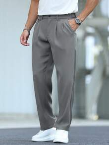 Manfinity Mode Men's Solid Color Pleated Pocket Straight Loose Casual Pants