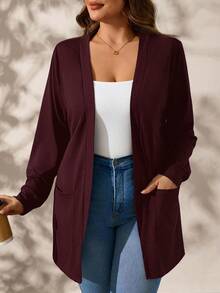 SHEIN Clasi Deep Red Knit Pocket Long Sleeve Loose Plus Size Jacket In Fall/Winter - Maroon - View 1
