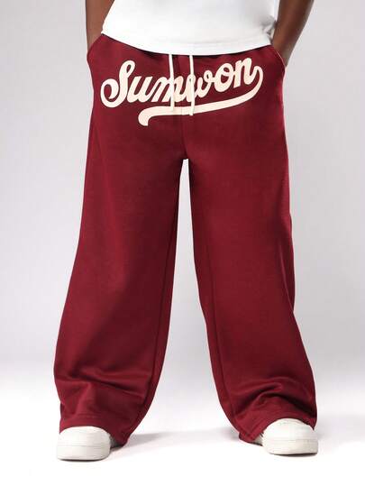SUMWON Burgundy Wide Leg Winter Casual Sweatpants With Retro Style Script Logo Print Cozy Loose Fit Pants Drawstring Waist Fall