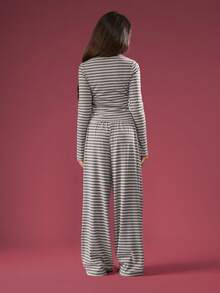 SUMWON Ribbed Knit Striped Co-Ord Two Piece Set Long Sleeve Crop Top Wide Leg Pants Wear Casual Fall Winter Outfit