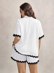 Zelara 2 件加大码黑白撞色波浪纹衬衫上衣和松紧腰短裤套装 2 件套装女款 女款两件套短裤套装 两件套装女款 女款短裤套装 - 杏色 - 查看 4