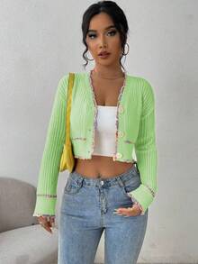 EMERY ROSE Women's Casual Contrast Trim Cropped Cardigan, Autumn - Mint Green - View 4