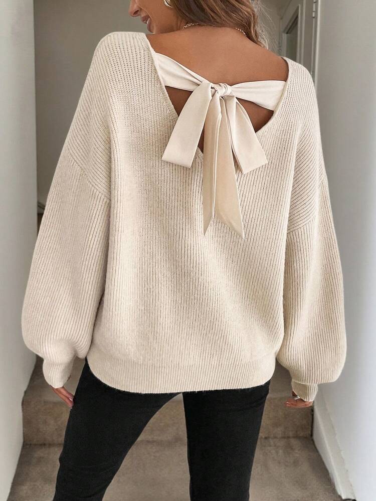 Women's Retro Brown Bow-Knot Crew Neck Long Sleeve Sweater, Autumn/Winter,Long Sleeve Tops
