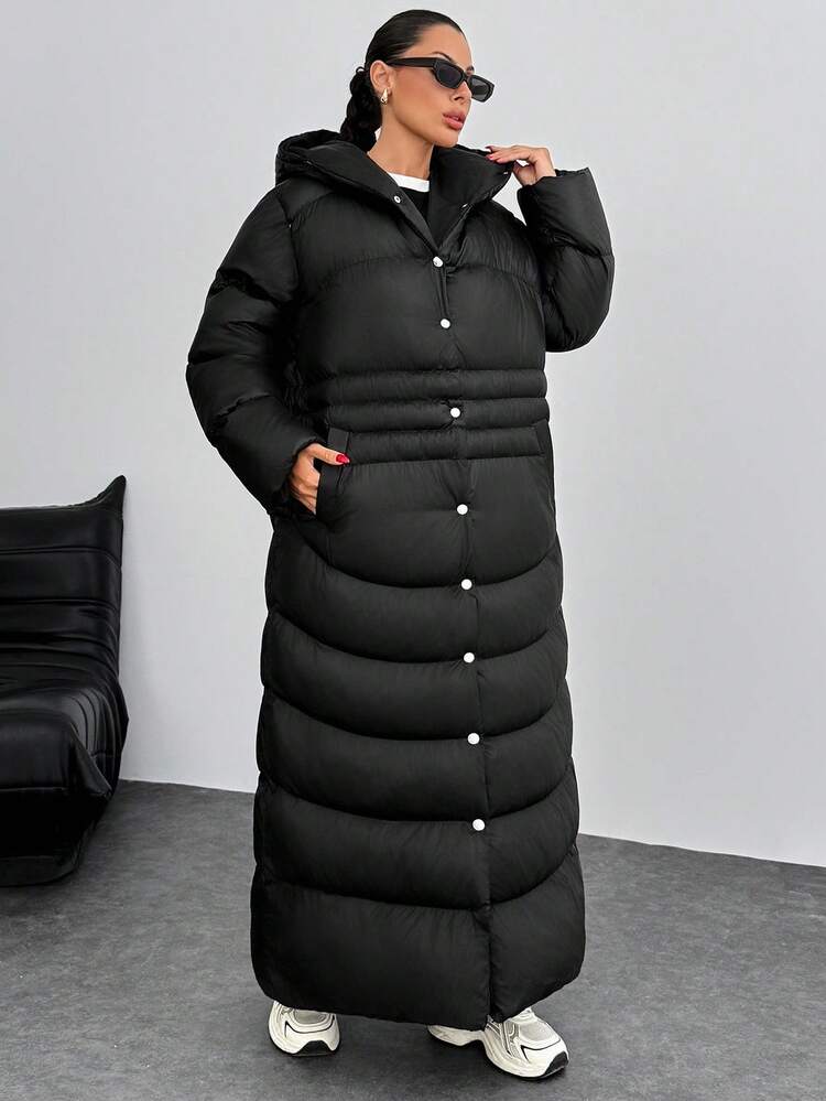 EURMUSE Women Solid Color Hooded Long Winter Coat - Black - View 5