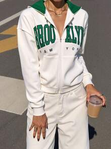 SHEIN Unity Letter Graphic Zip Up Drop Shoulder Hoodie Pullover Fall - White - View 4