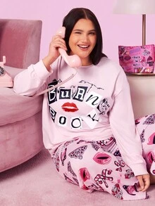 Mean Girls X SHEIN Set pigiama oversize con stampa di lettere e labbra, maniche lunghe, comodo e confortevole, adatto per l'autunno, abbigliamento da casa e da notte per donne taglia grande