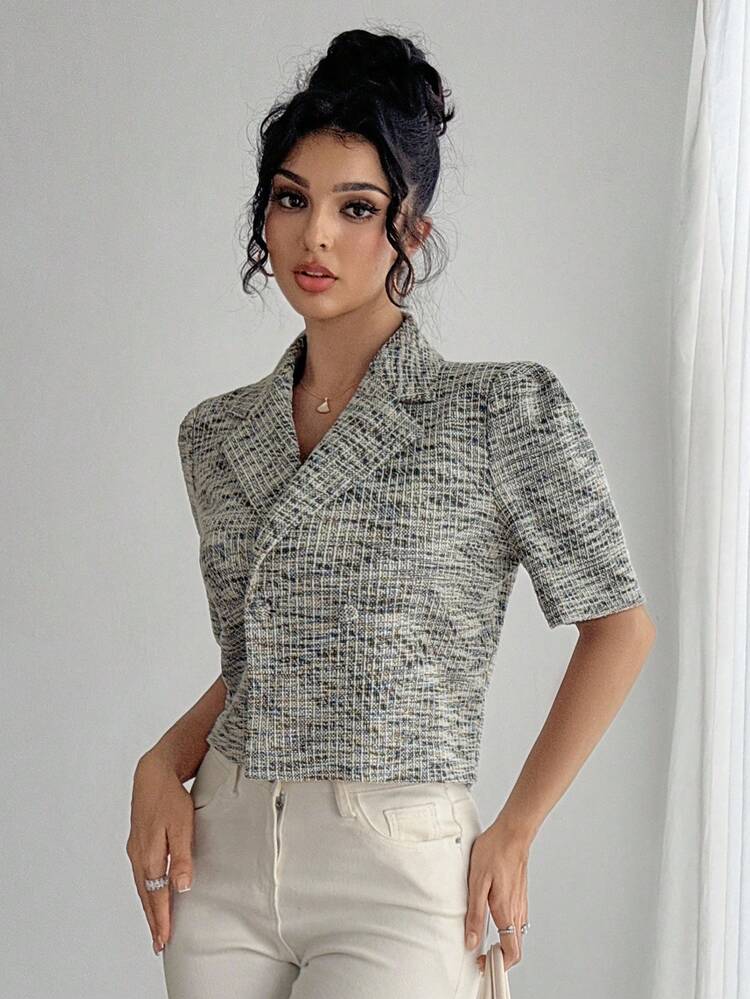 Women's Lapel Neck Short Puff Sleeve Double-Breasted Casual Regular Jacket Fall/Winter Women Coats