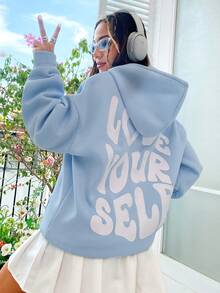 SHEIN MOOSTA Slogan Graphic Drop Shoulder Drawstring Thermal Lined Hoodie LOVE YOURSELF,Long Sleeve Tops Graduation,Back To School Outfits,Graduation,Teacher Outfits For Women,Back To School Pullover Fall Outfit - Baby Blue - View 1