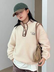 DAZY Tween Girl Letter Embroidered Fleece Long Sleeve Sweatshirt, Fall Clothes, Winter