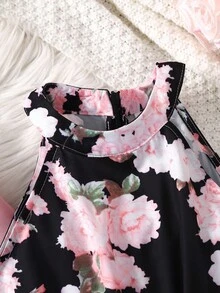 SHEIN 2pcs/Set Tween Girls Autumn Pink Asymmetric Hem Long Sleeve Jacket And Loose Floral Print Jumpsuit, Elegant Casual/Work Outfit Two Piece Outfits Two Piece Sets Floral Two Piece Set Two Piece Jumpsuit Crop Top And Pants Set Fall Winter - Multicolor - View 4