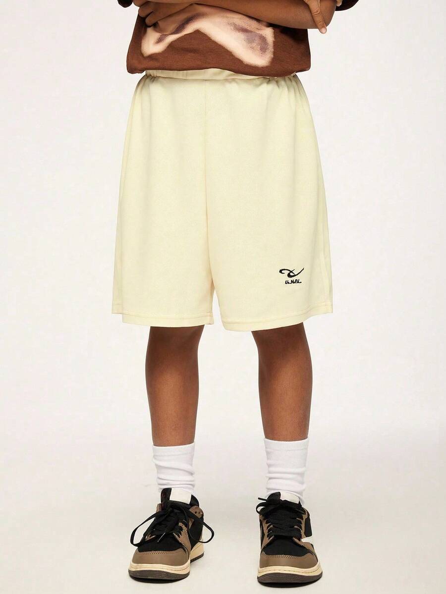 SHEIN Tween Boys' Casual Letter Embroidery Loose Street Style Shorts, Summer - Apricot - View 1