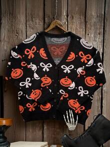 Whyspr Halloween Plus Size Women Pumpkin & Bow Jacquard Knitted Sweater, Cute Black And White Autumn Fashionable Versatile Round Neck Knits Sweatshirt - Multicolor - View 3