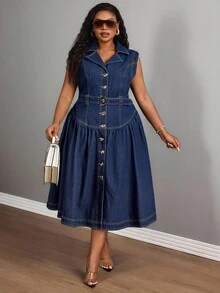 Slaydiva 大码女式无袖牛仔连衣裙，领口设计，褶皱裙摆，女式牛仔装 - 深色水洗藍 - 查看 5