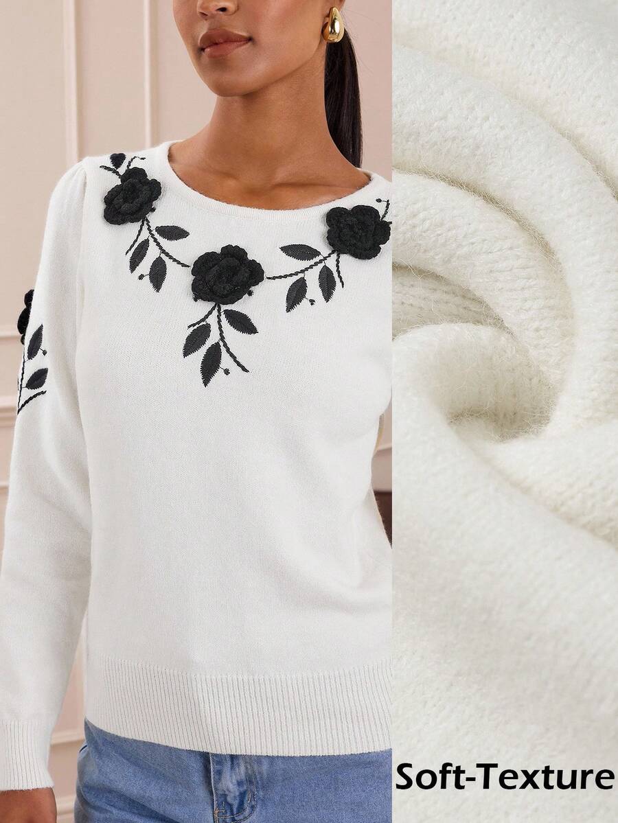 Lilora Women's White Floral Soft Pullover Sweater For Autumn,Elegant Tea Party 3D Decorated Skin-Friendly Knitwear,Retro Business Casual Old Money Style - White - View 1