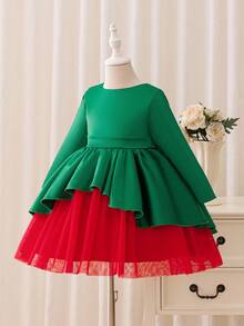 Glamorique Kids 1pc Girls' Christmas Dress,Green Satin Long Sleeves,Red Tulle Skirt,Detachable Bow Decor,Fall Winter Emerald Elegant Party,Sage Green,Summer - Green - View 8